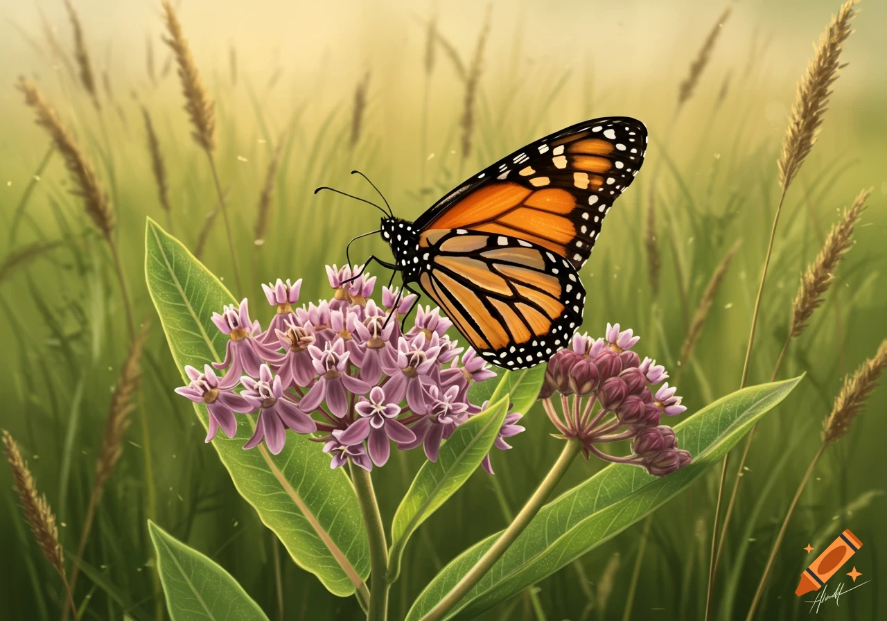 A monarch butterfly with orange and black wings rests on pink milkweed flowers in a field of green and golden grasses.