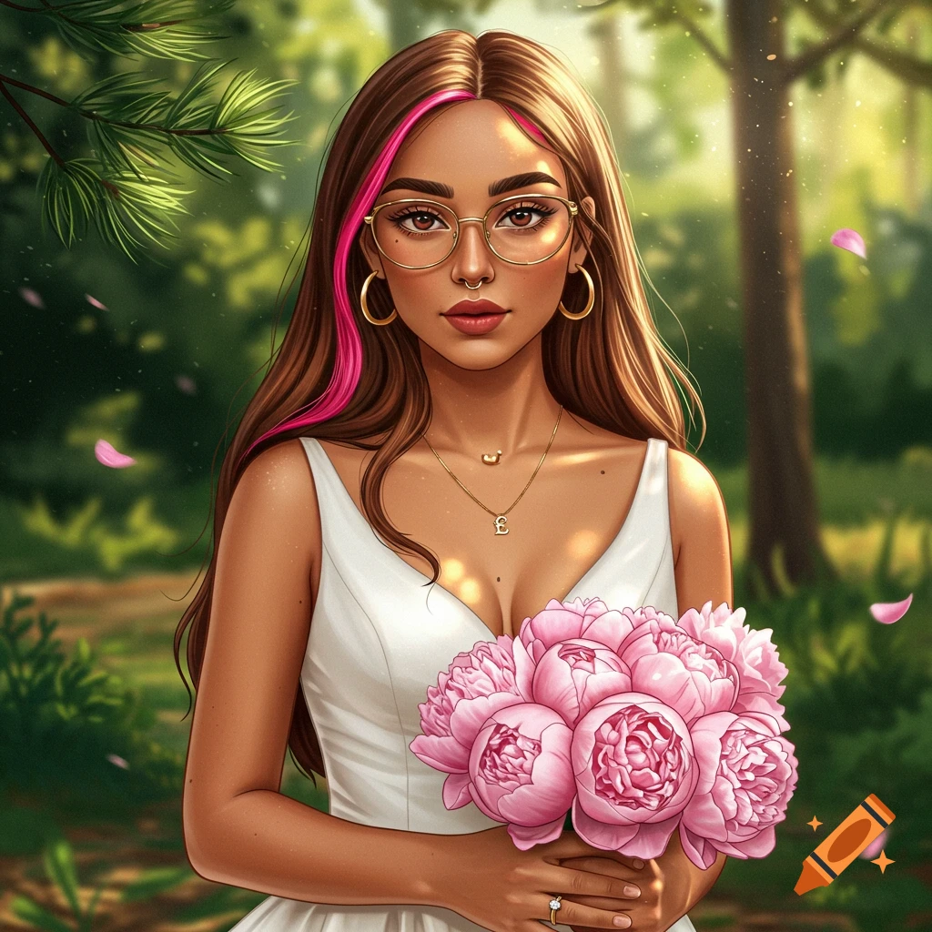 A stylized portrait of a woman with brown hair and pink highlights, wearing glasses and a white wedding dress, holding a bouquet of pink peonies in a sun-dappled forest.