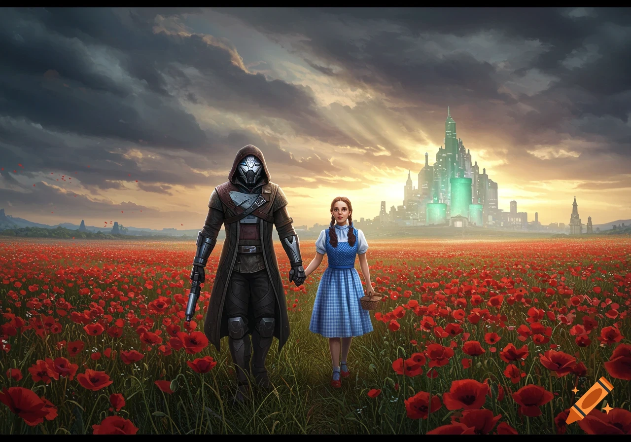 Cayde-6 in armor and Dorothy in a blue dress walk hand-in-hand through a vibrant red poppy field towards the glowing Emerald City under a cloudy sky.