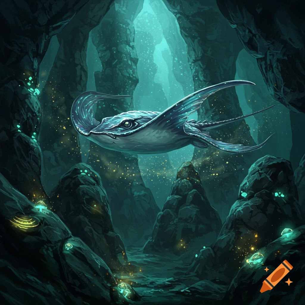 A stylized blue stingray-like creature with scales glides through a dark, mysterious underwater cave with glowing fungi.