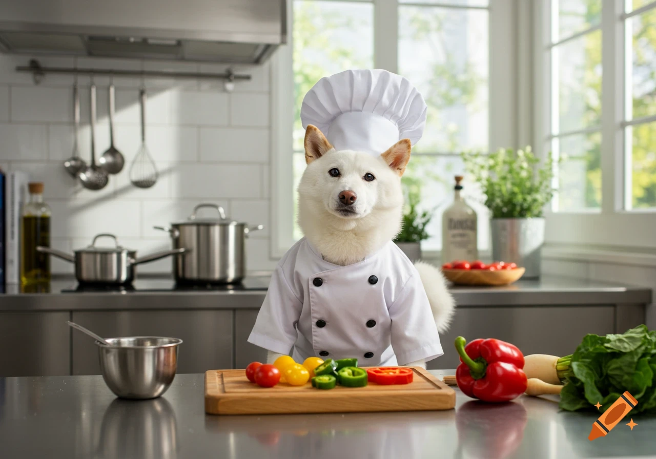 A white Shiba Inu dog wearing a chef's hat and coat stands in a kitchen with chopped vegetables on a cutting board.