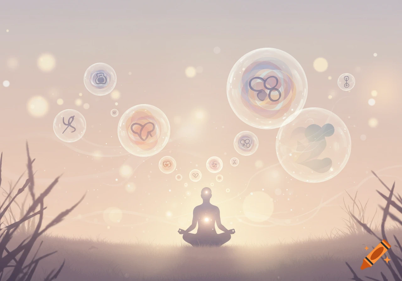 A silhouette meditates at sunrise/sunset, with glowing abstract bubbles containing symbols floating above a soft, radiant landscape.