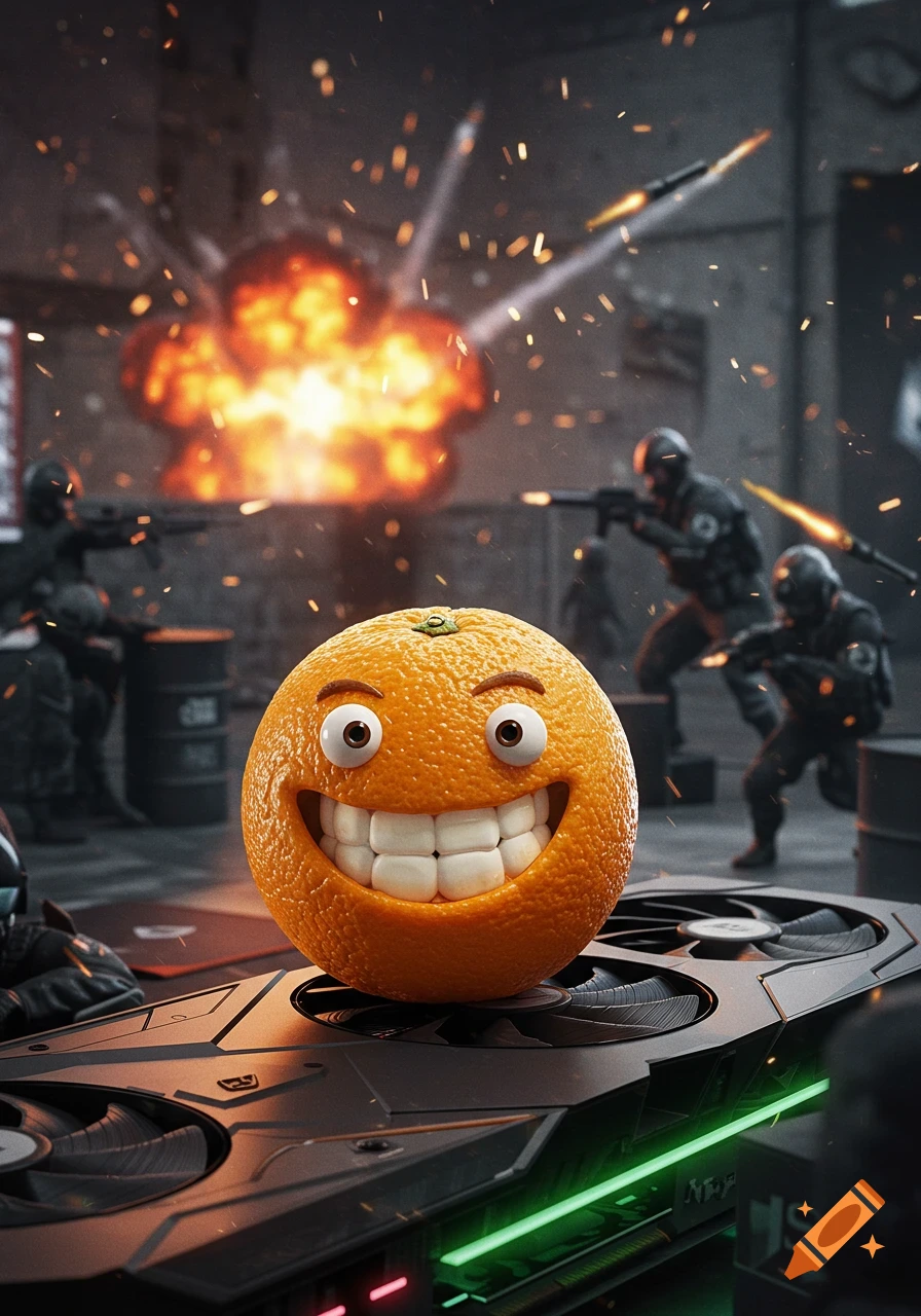 A grinning anthropomorphic orange sits on a graphics card amidst an explosion and soldiers in a battlefield scene.
