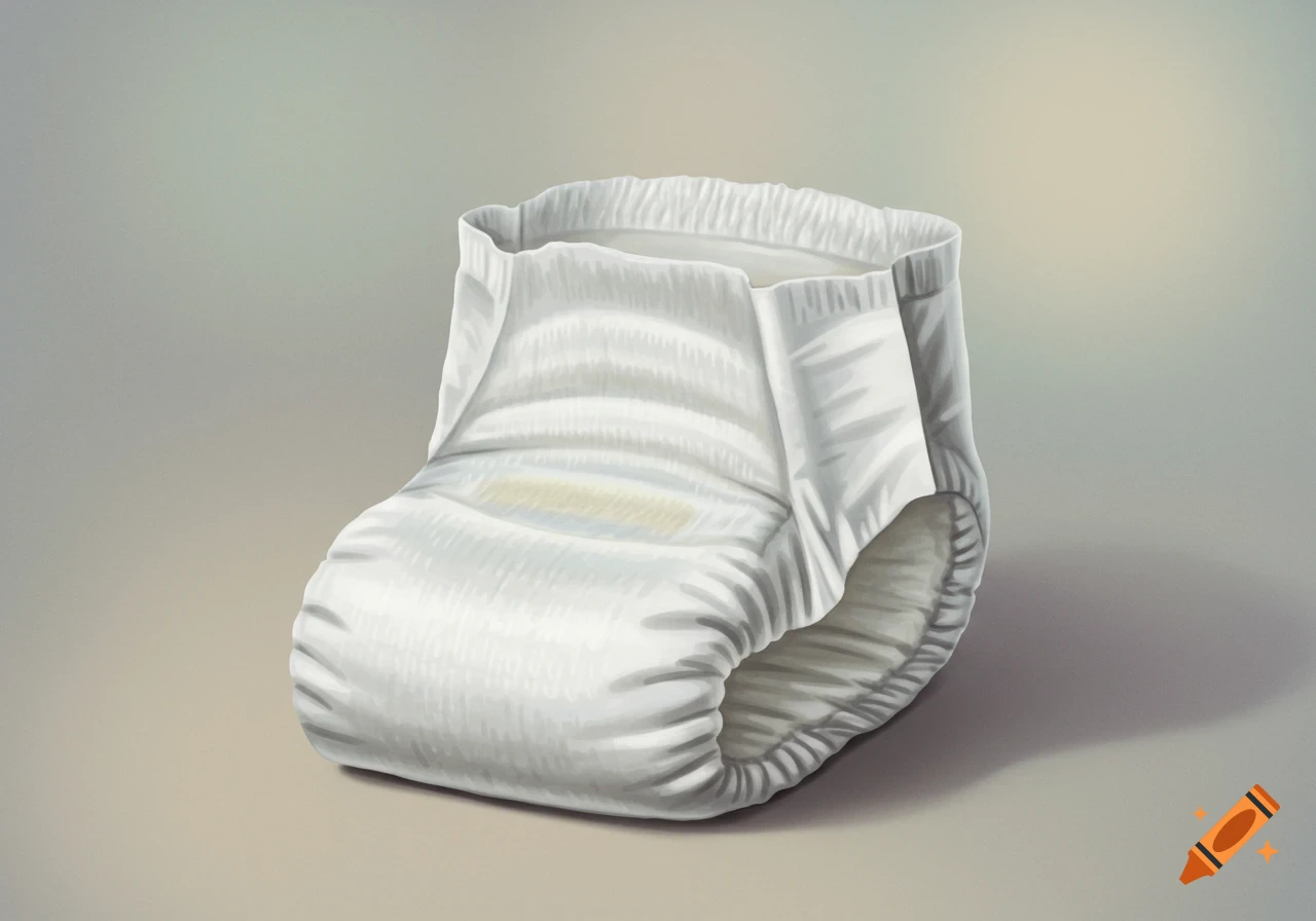 A white, thick, plastic-backed disposable diaper is depicted against a neutral background.