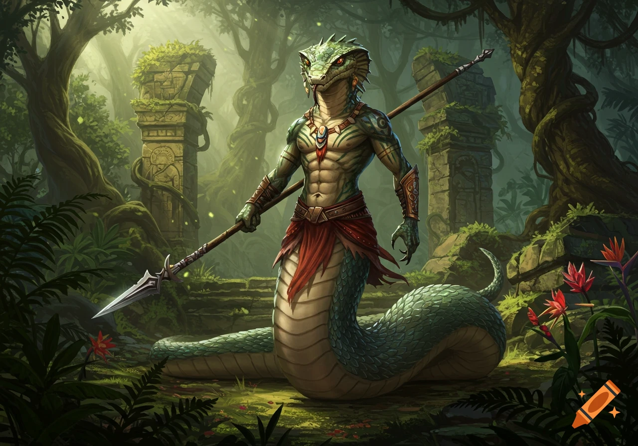 A powerful serpentine warrior with a spear stands in a lush, ancient jungle with overgrown ruins, rendered in a detailed fantasy art style.