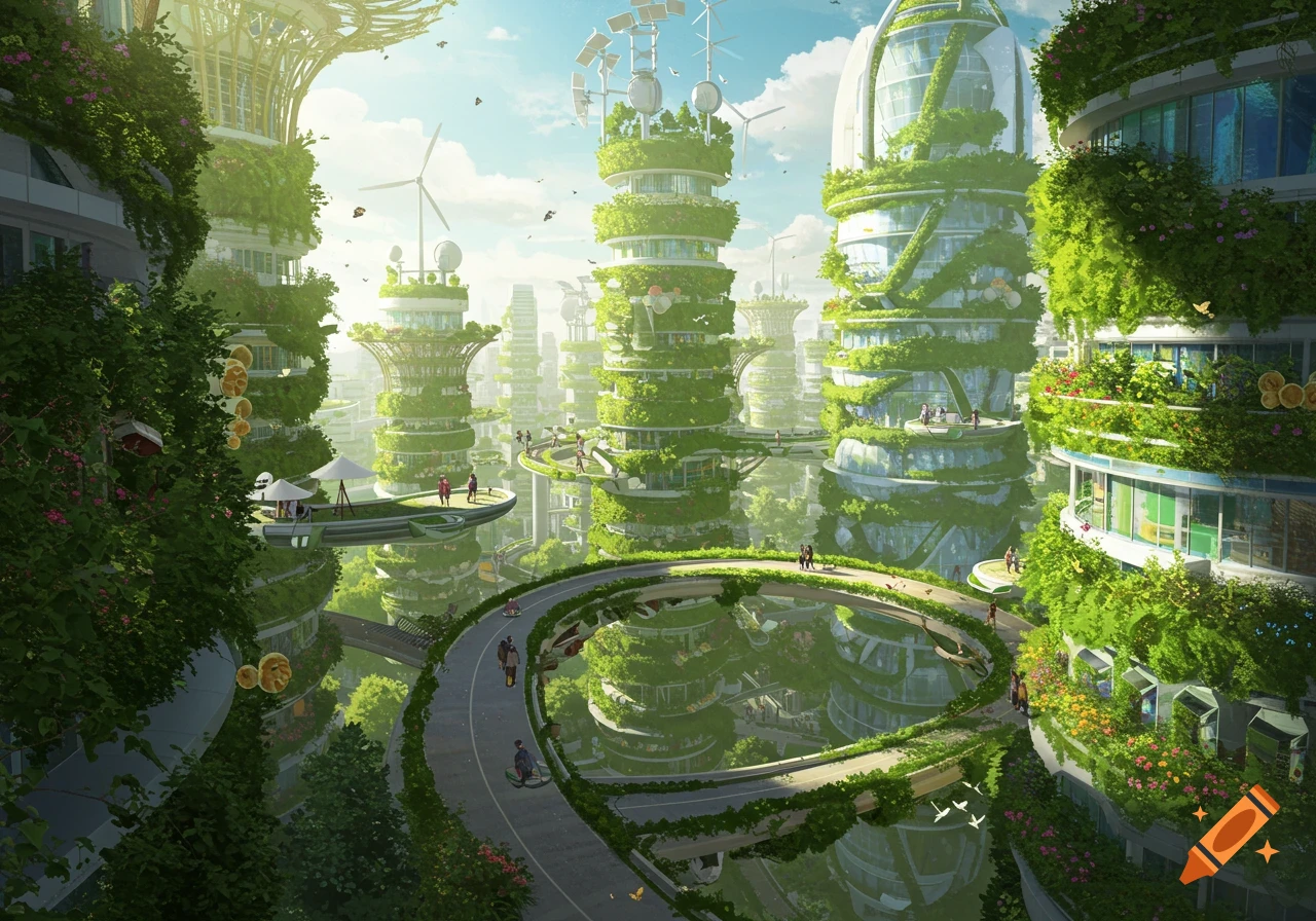 A vibrant, green solar punk city with towering buildings covered in lush vegetation, sky bridges, and people.