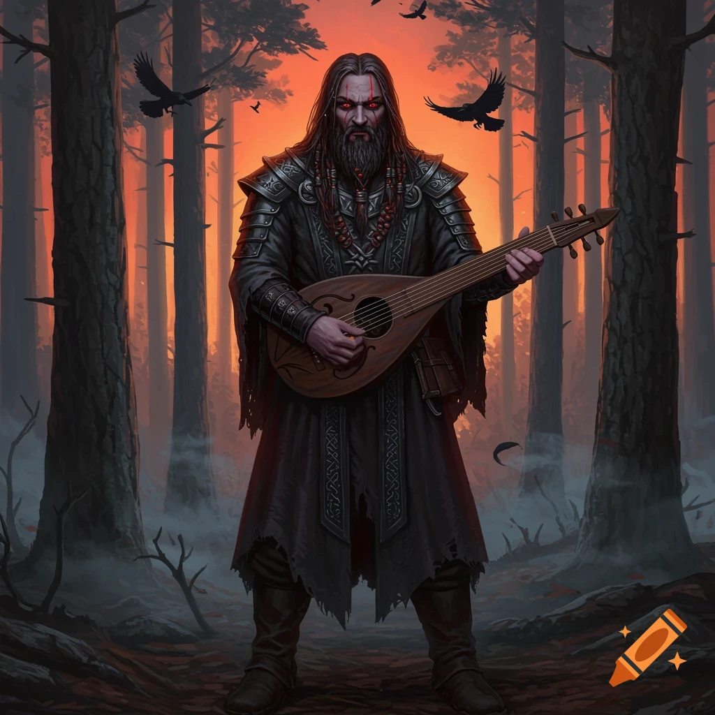 A dark fantasy bard with a long beard and glowing red eyes plays a lute in a misty, fire-orange forest with ravens.