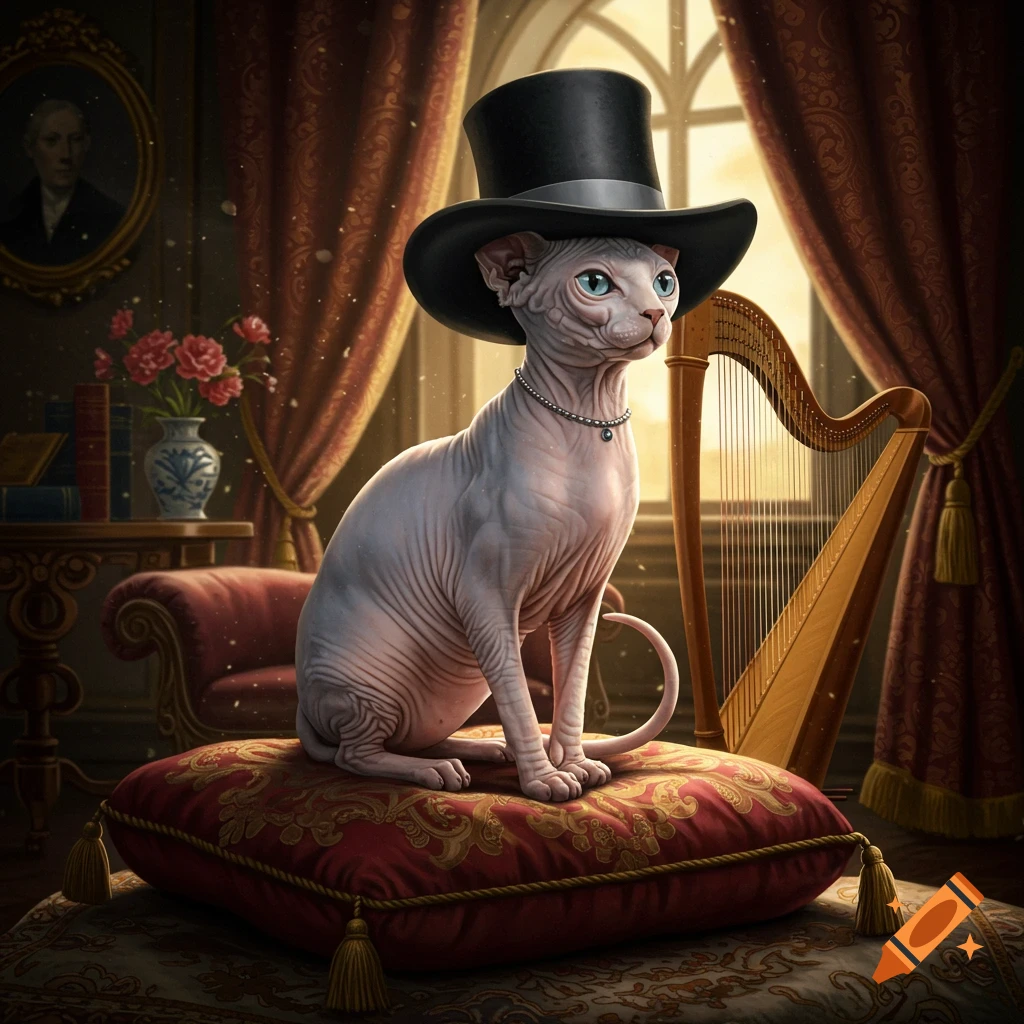 A hairless Sphynx cat wearing a black top hat and a necklace, sitting on a red patterned cushion in a luxurious, regal room with a harp and a large window.