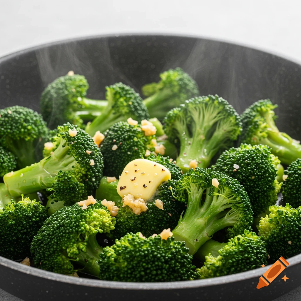 Close-up of steaming broccoli florets with melted butter, minced garlic, and black pepper in a dark pan, photographed from an elevated angle.