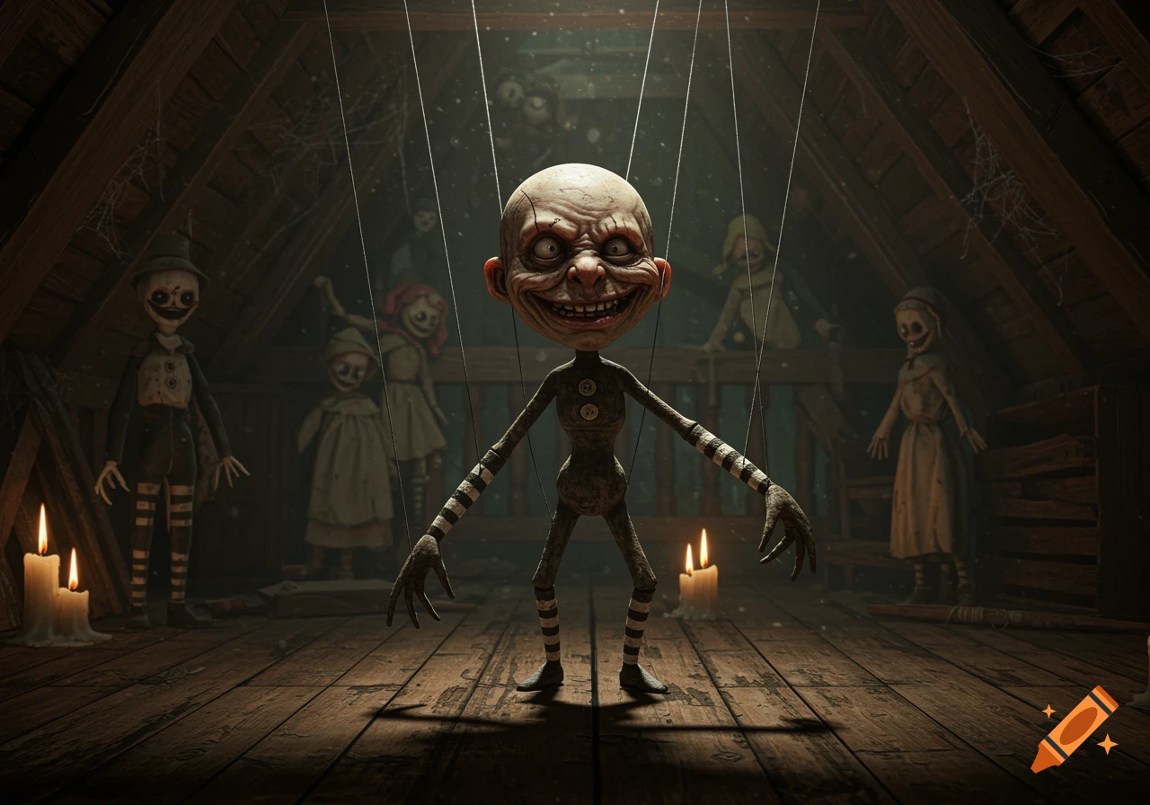 A grotesque, grinning marionette puppet stands in a dusty attic, surrounded by other creepy doll-like figures and lit candles.
