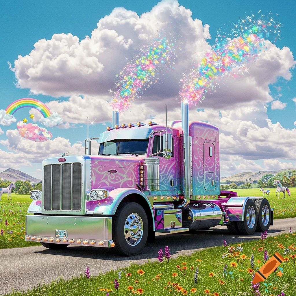A whimsical, iridescent Peterbilt truck with glittery exhaust on a road through a field with unicorns and a rainbow in a Lisa Frank style.