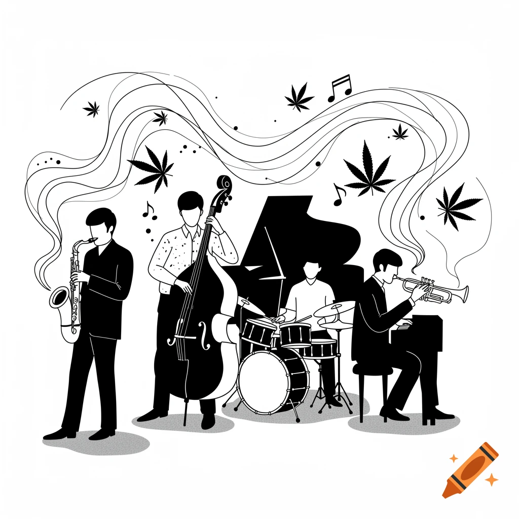 Black line art illustration of a jazz band playing, with marijuana leaves and music notes floating around them.