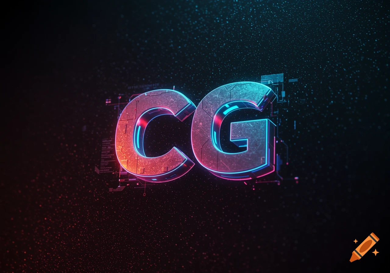 Metallic neon glow letters 'CG' against a dark, speckled, digital-themed background.