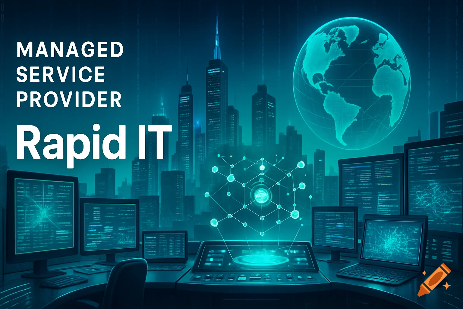 A futuristic control room overlooking a digital cityscape with a glowing globe, displaying text 'MANAGED SERVICE PROVIDER Rapid IT'.