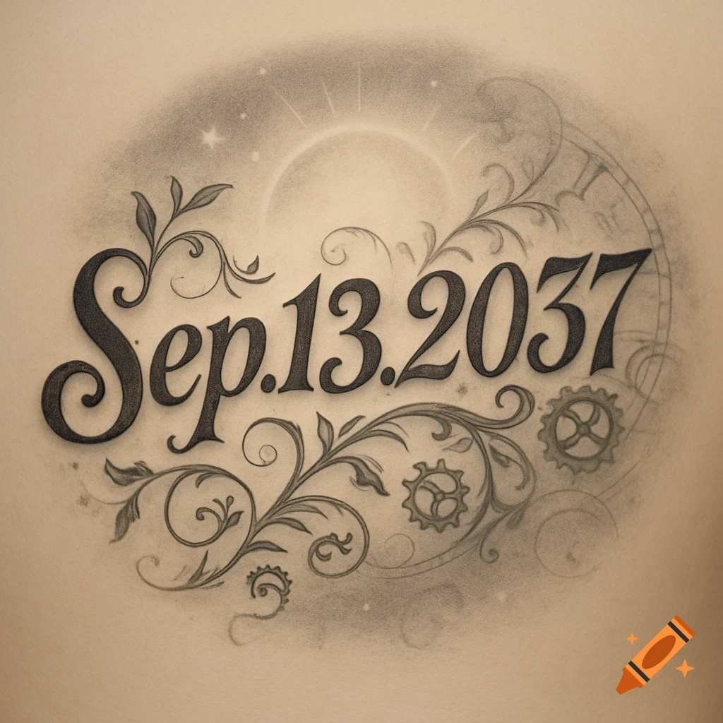 Ornate tattoo design featuring the date 'Sep.13.2037' in script, surrounded by flourishes, stars, and gears in a sketch style.