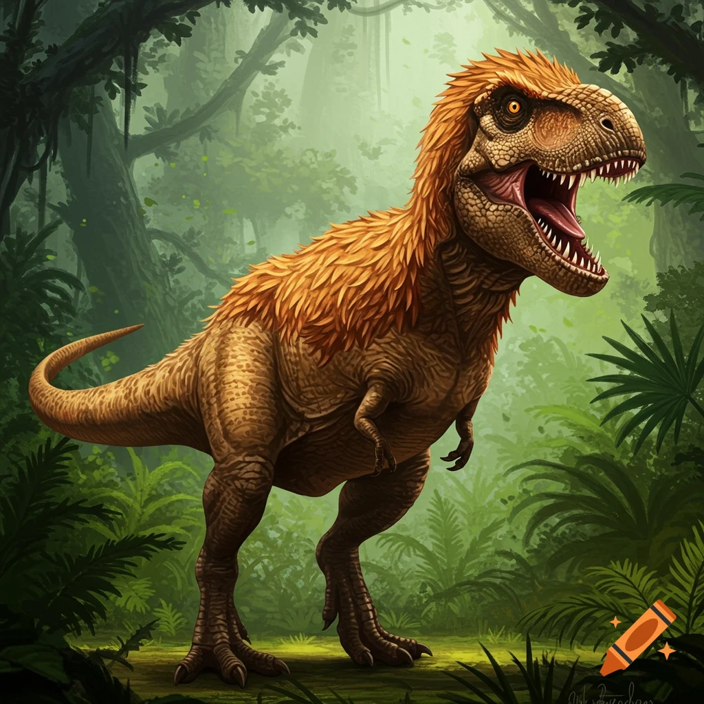 An illustrative depiction of a feathered T-rex roaring in a lush green jungle.