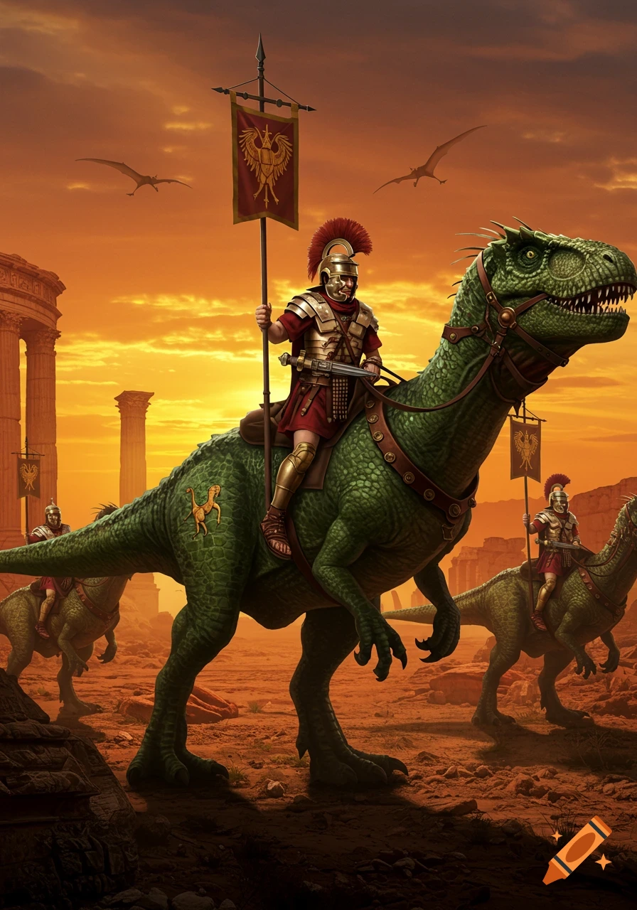Roman soldiers in armor ride large green dinosaurs through a desert landscape with ancient ruins under an orange sunset sky.