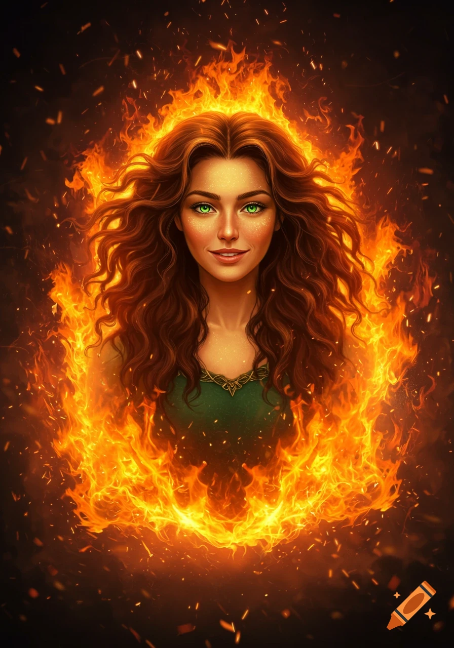 A portrait of a woman with long wavy brown hair and bright green eyes, smiling, surrounded by a ring of vibrant orange flames and embers against a dark background.