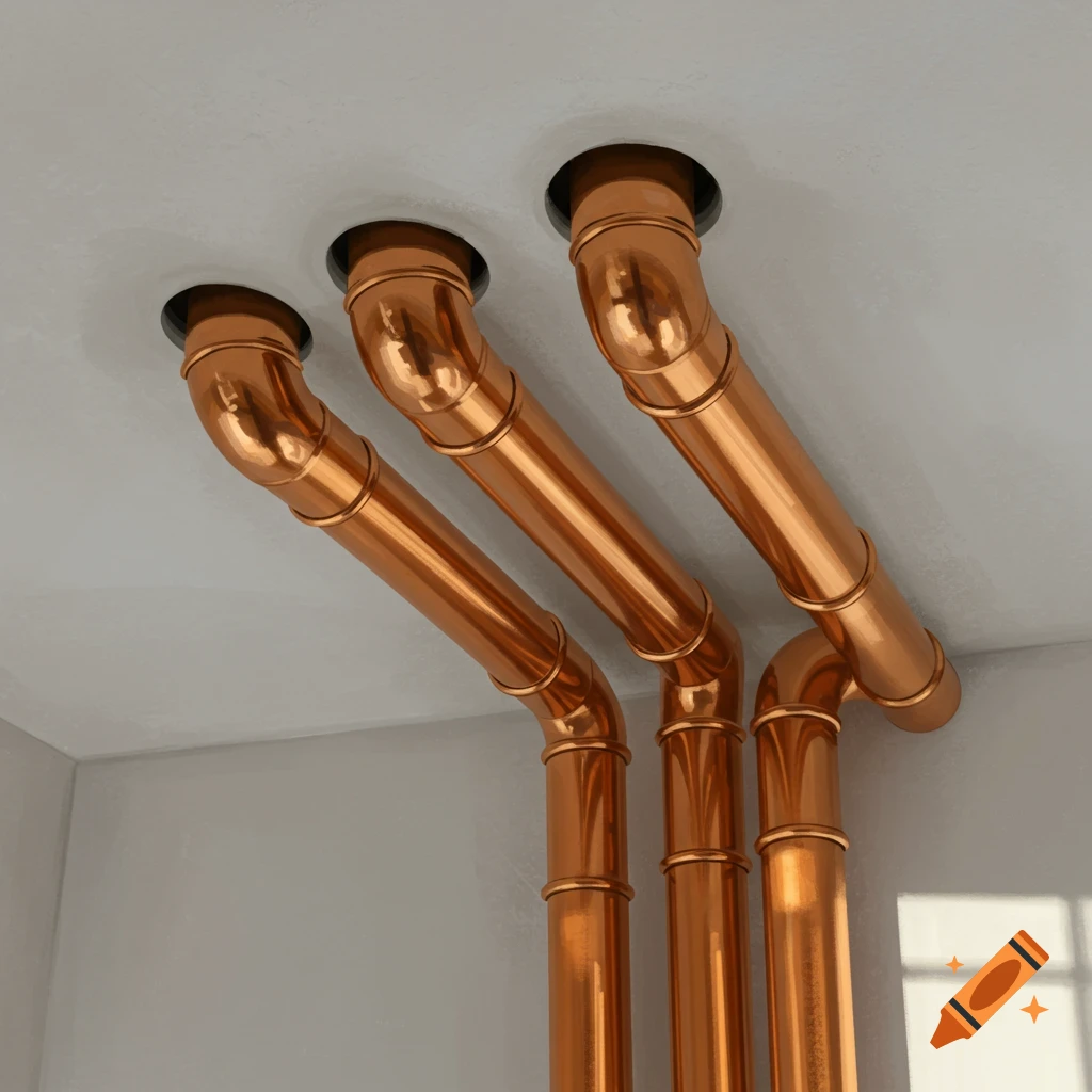Four shiny copper pipes extend through a white ceiling, bending downwards against a light gray wall with a window shadow.