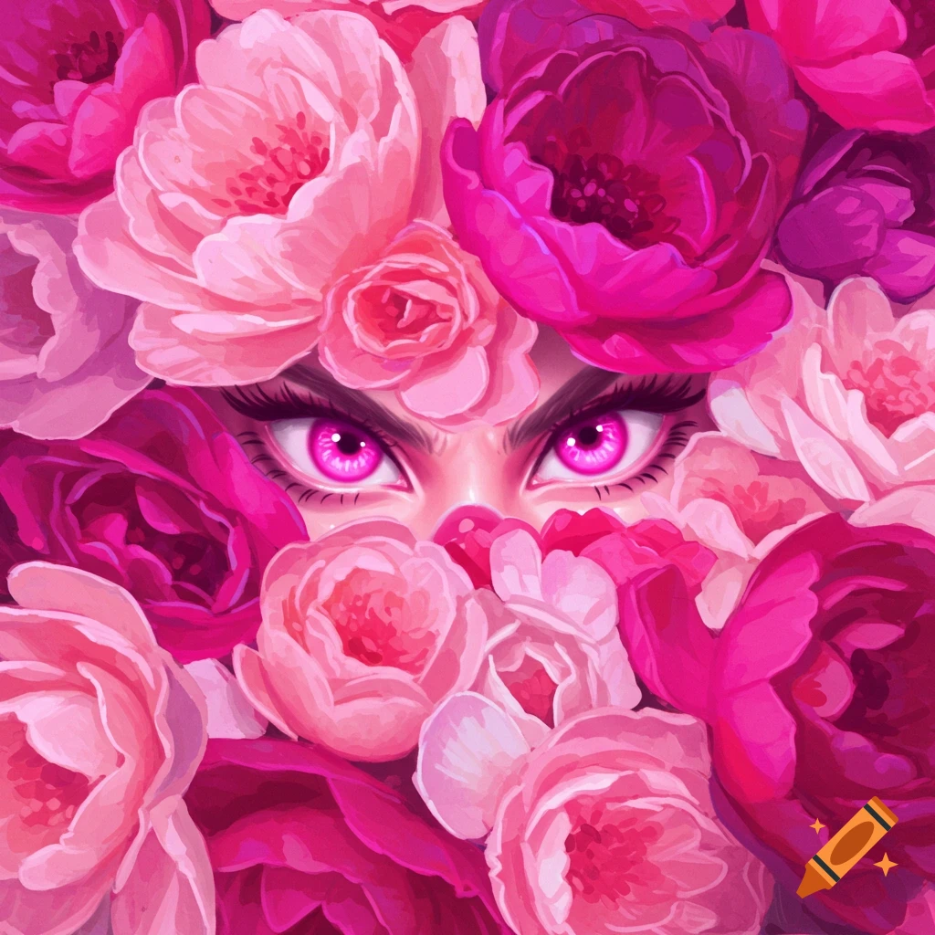 Close-up digital painting of bright pink eyes peering from a dense mass of pink and magenta flowers.