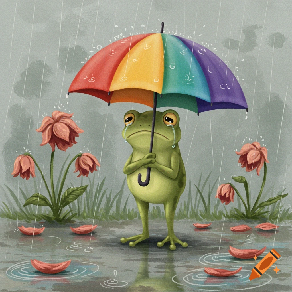 A sad green frog holds a rainbow umbrella in the rain, standing among droopy withered flowers in an illustration.