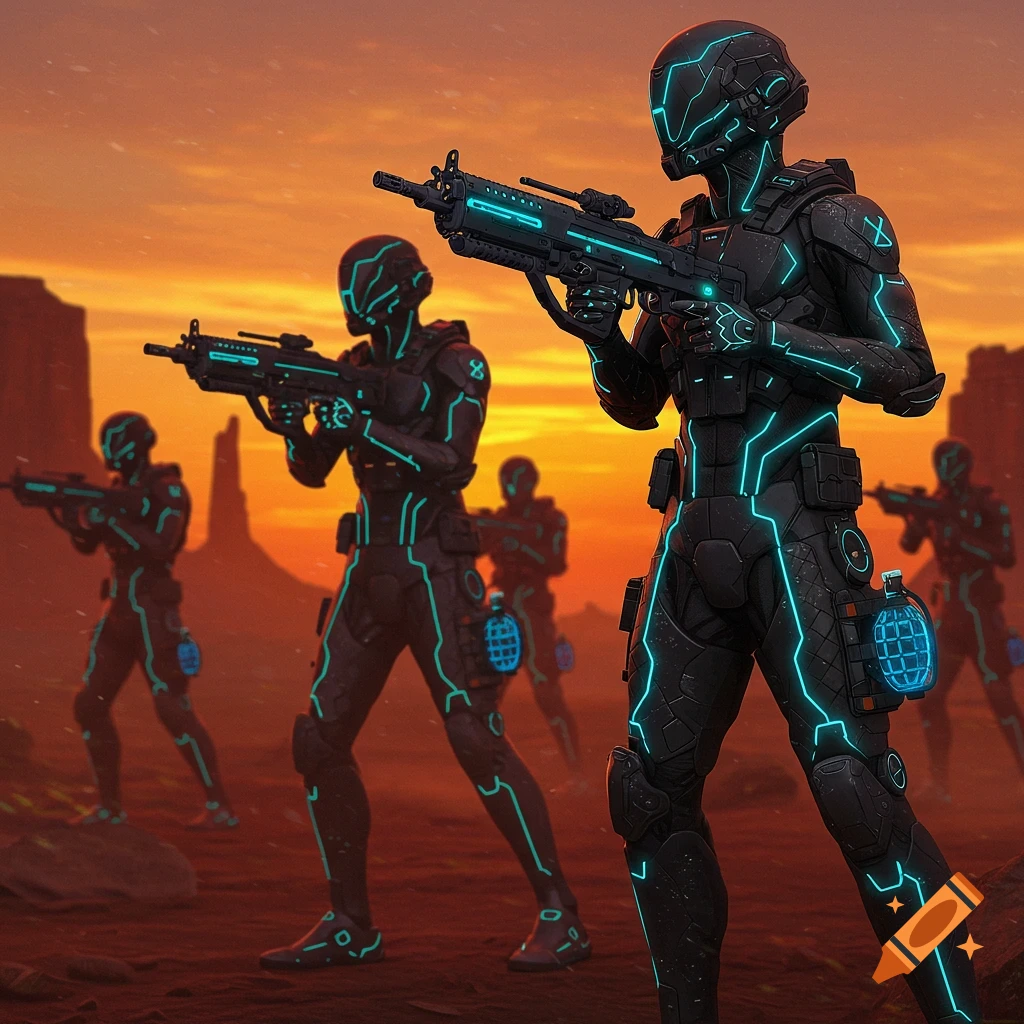 Futuristic soldiers in black suits with glowing blue lines stand ready with energy rifles in a desert landscape under an orange sky.