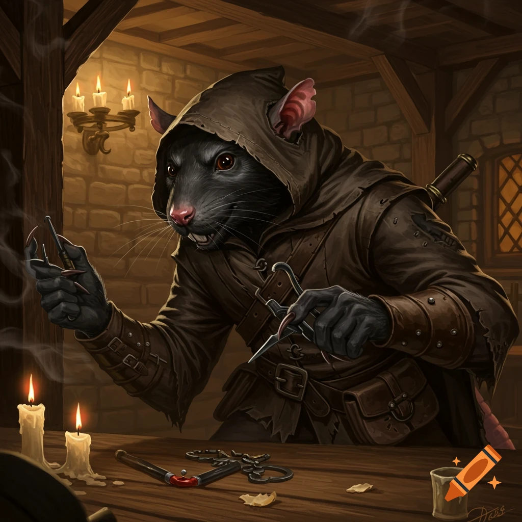 A black wererat in a hooded rogue cloak holds tools at a wooden table in a dimly lit, rustic room.