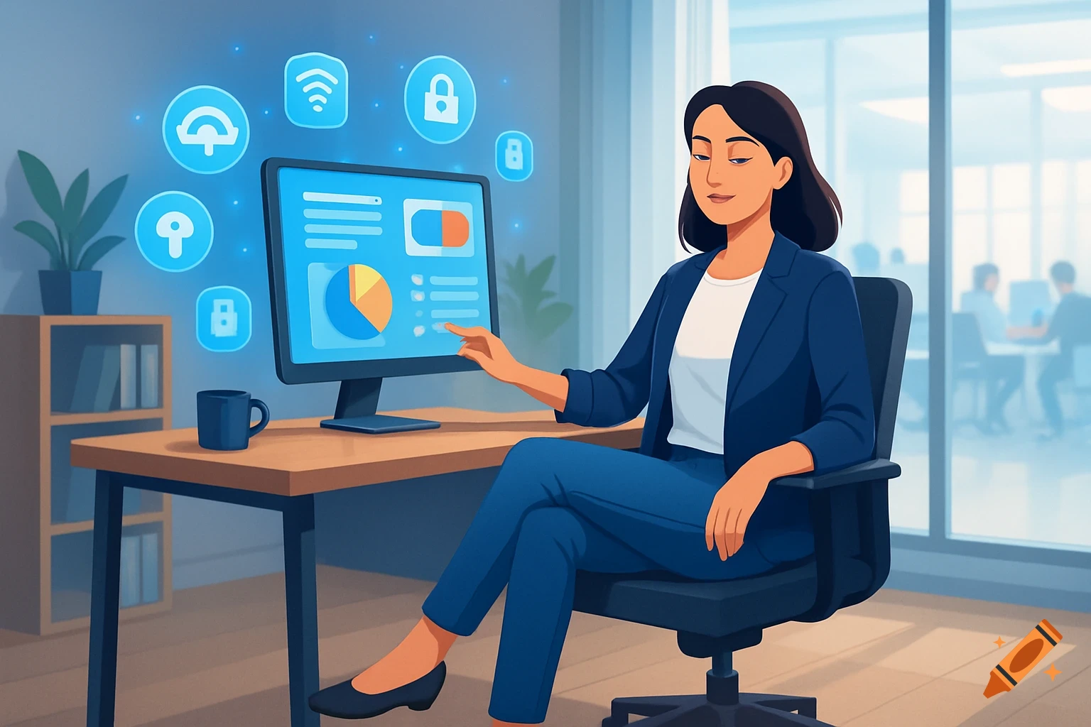An illustration of a woman in an office pointing at a computer screen displaying data and surrounded by floating technology icons.