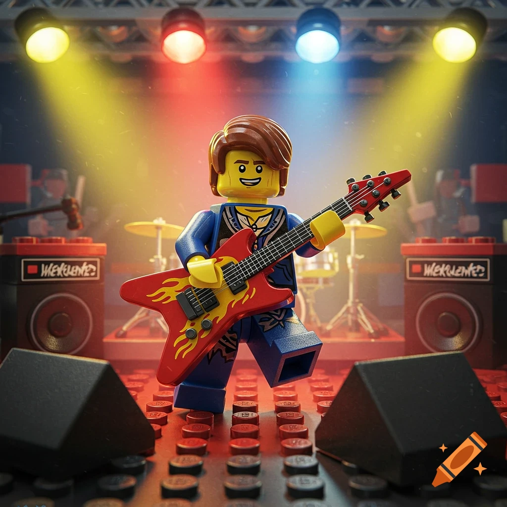 A Lego minifigure with brown hair playing a red guitar with flames on a concert stage under spotlights.