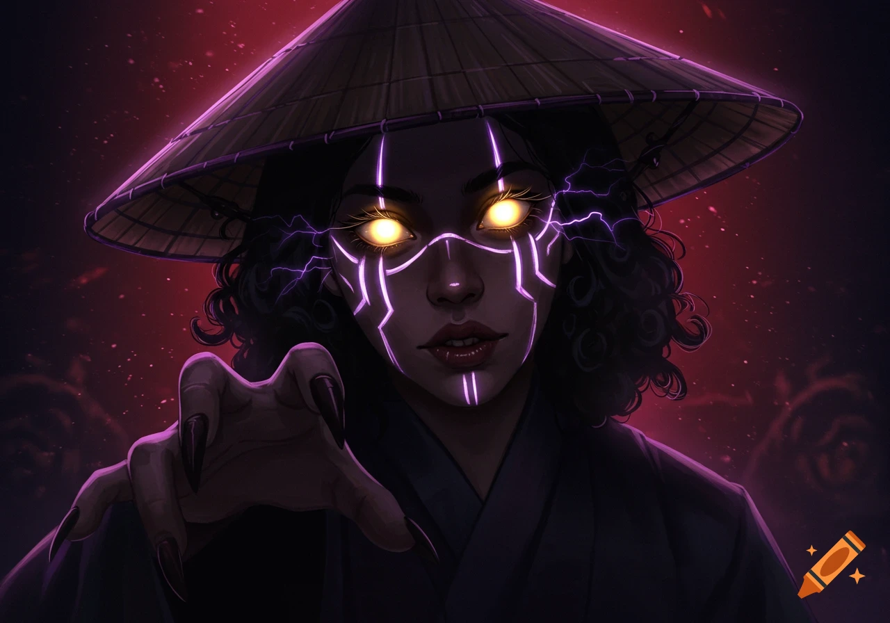 A dark fantasy portrait of a person with glowing yellow eyes, purple face markings, and sharp claws, wearing a conical hat.
