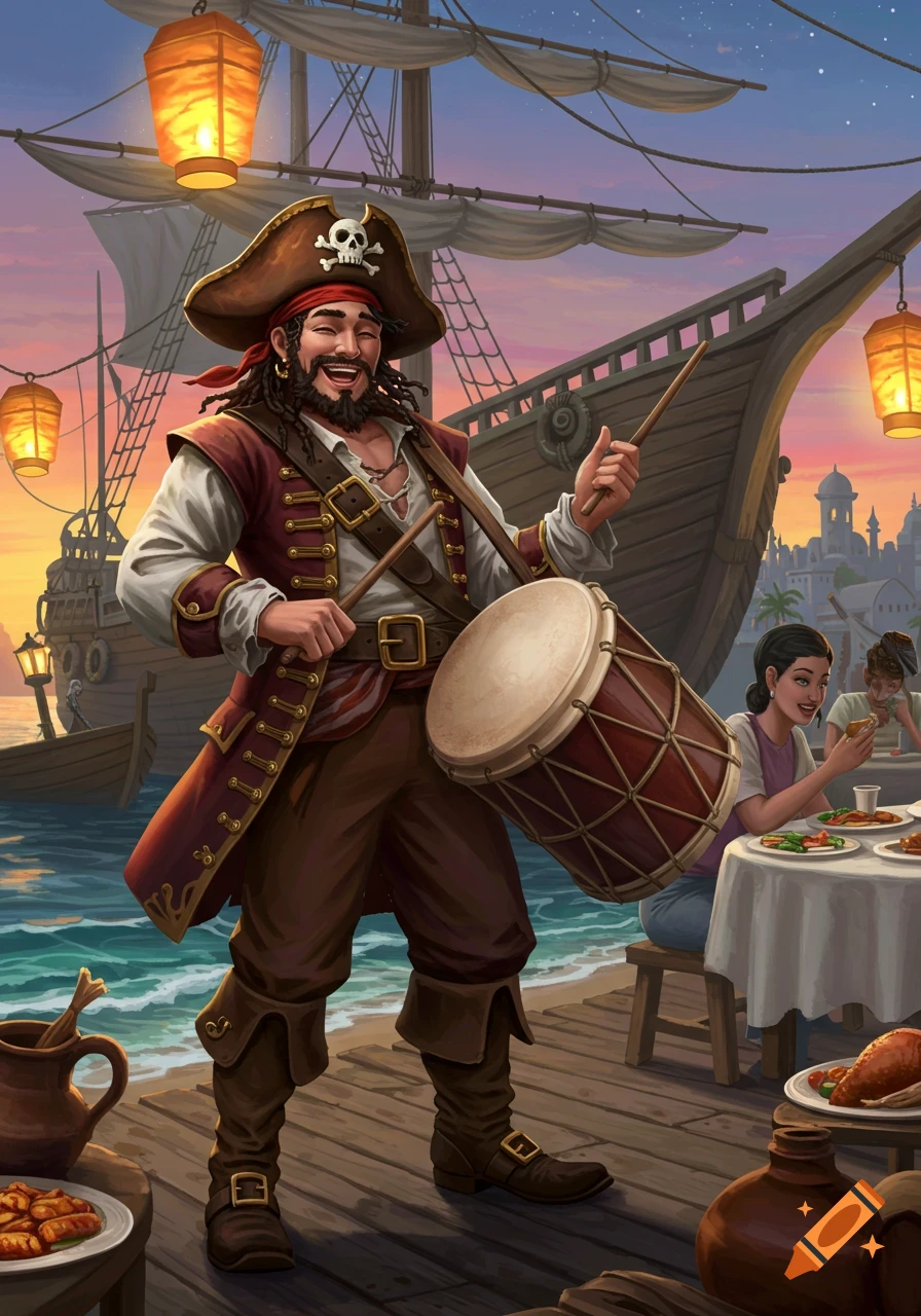 A cheerful pirate with a beard and a tricorne hat plays a drum on a wooden dock by the sea at sunset, with a ship and people in the background.