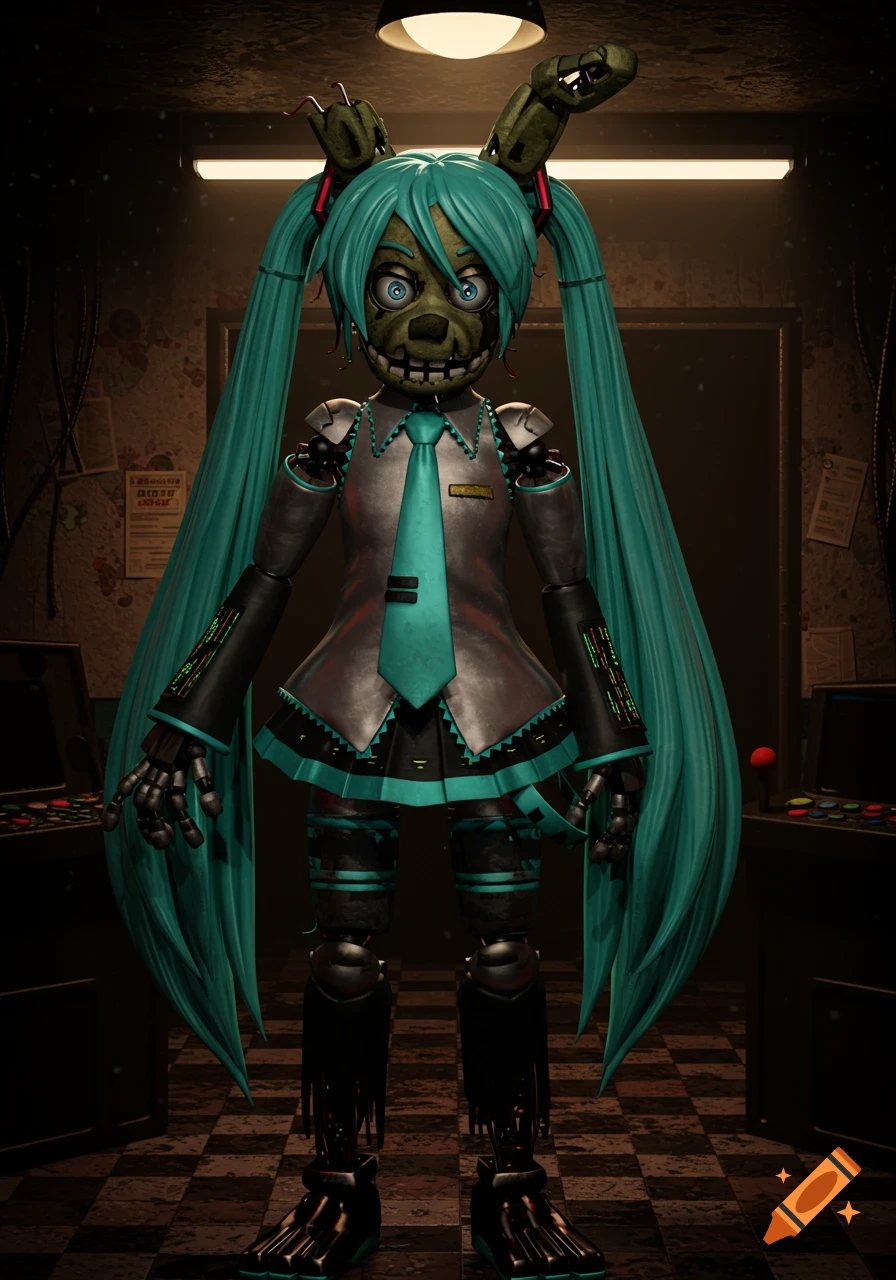 A creepy animatronic character, a fusion of Springtrap and Hatsune Miku, stands in a dark, industrial room.