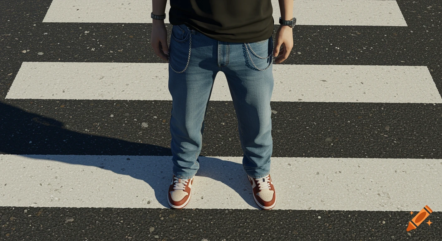 Cinematic overhead shot of a person in baggy jeans and sneakers standing on a zebra crossing.