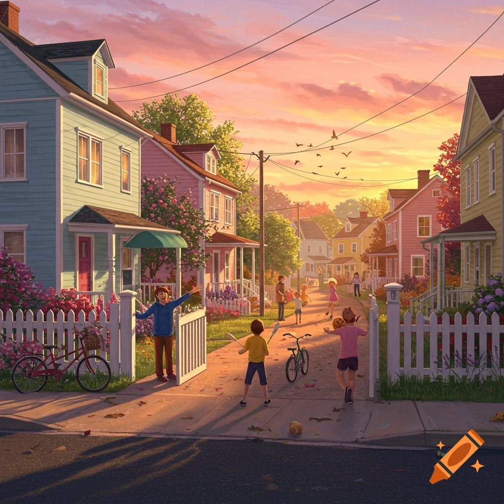 A colorful, stylized illustration of children playing on a suburban street at sunset, with houses and gardens.