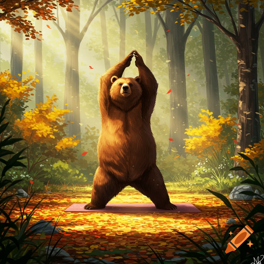 An illustrated brown bear performs a yoga pose on a mat in a sunlit autumn forest.