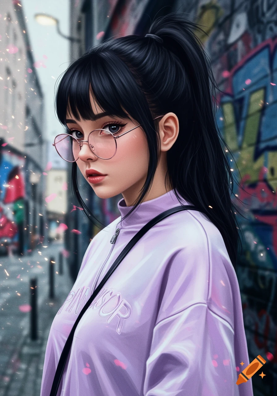 A digital art portrait of a dark-haired girl in pink glasses and a lavender jacket on a graffiti-covered street.