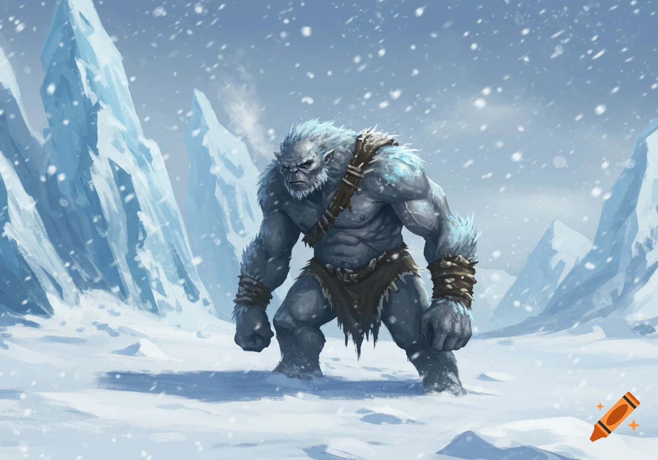 A massive, grey, yeti-like monster with icy fur stands in a snowy, frozen tundra with ice formations and falling snow, digital art.
