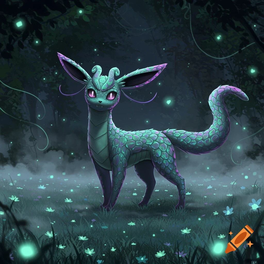 A teal and purple dragon-like Eevee evolution with glowing eyes stands in a mystical dark forest with glowing plants and fireflies.