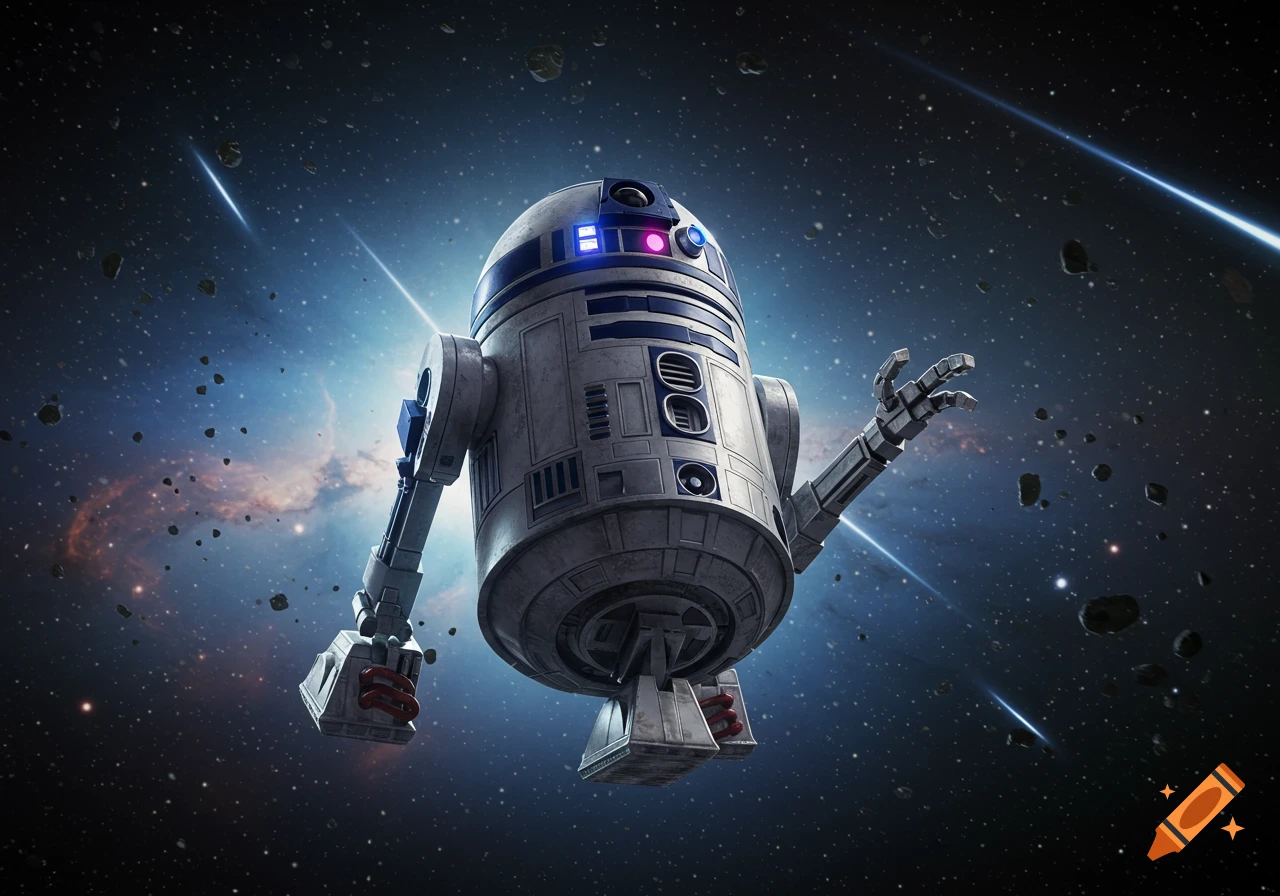R2-D2 floats in deep space, surrounded by stars, asteroids, and a glowing nebula, with its arm extended.