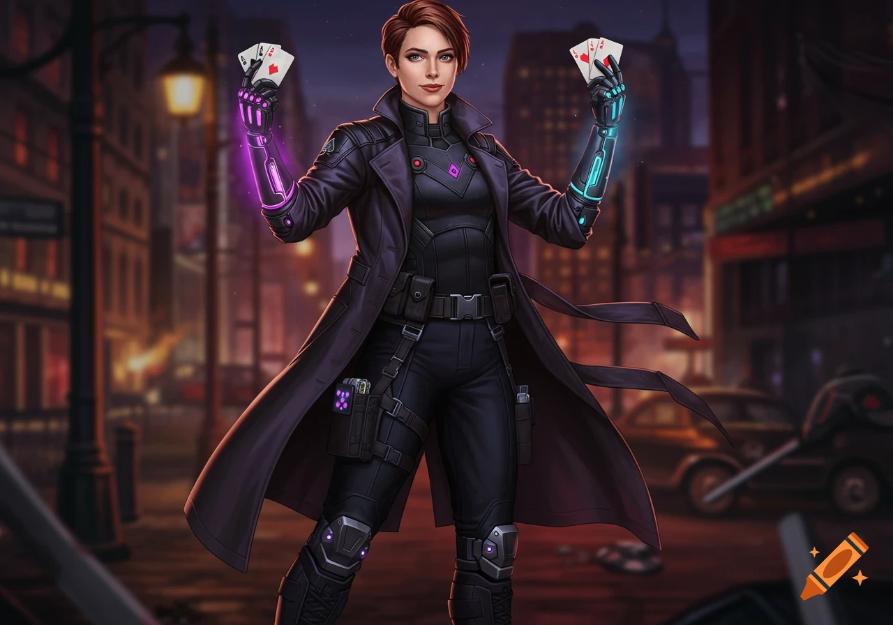 A female superhero in a black trench coat and tactical suit holds playing cards, with glowing purple and blue tech on her arms, on a city street at night.