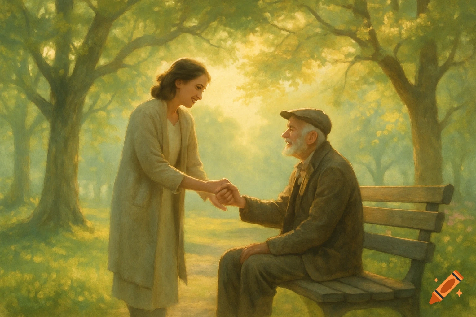 A young woman and an old man hold hands in a sunlit park, rendered in a soft, painterly style.