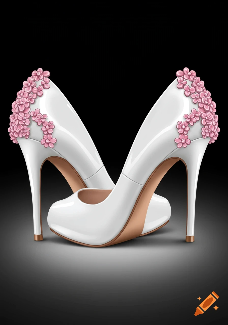 A pair of shiny white high heels with pink flower accents stands against a dark background.
