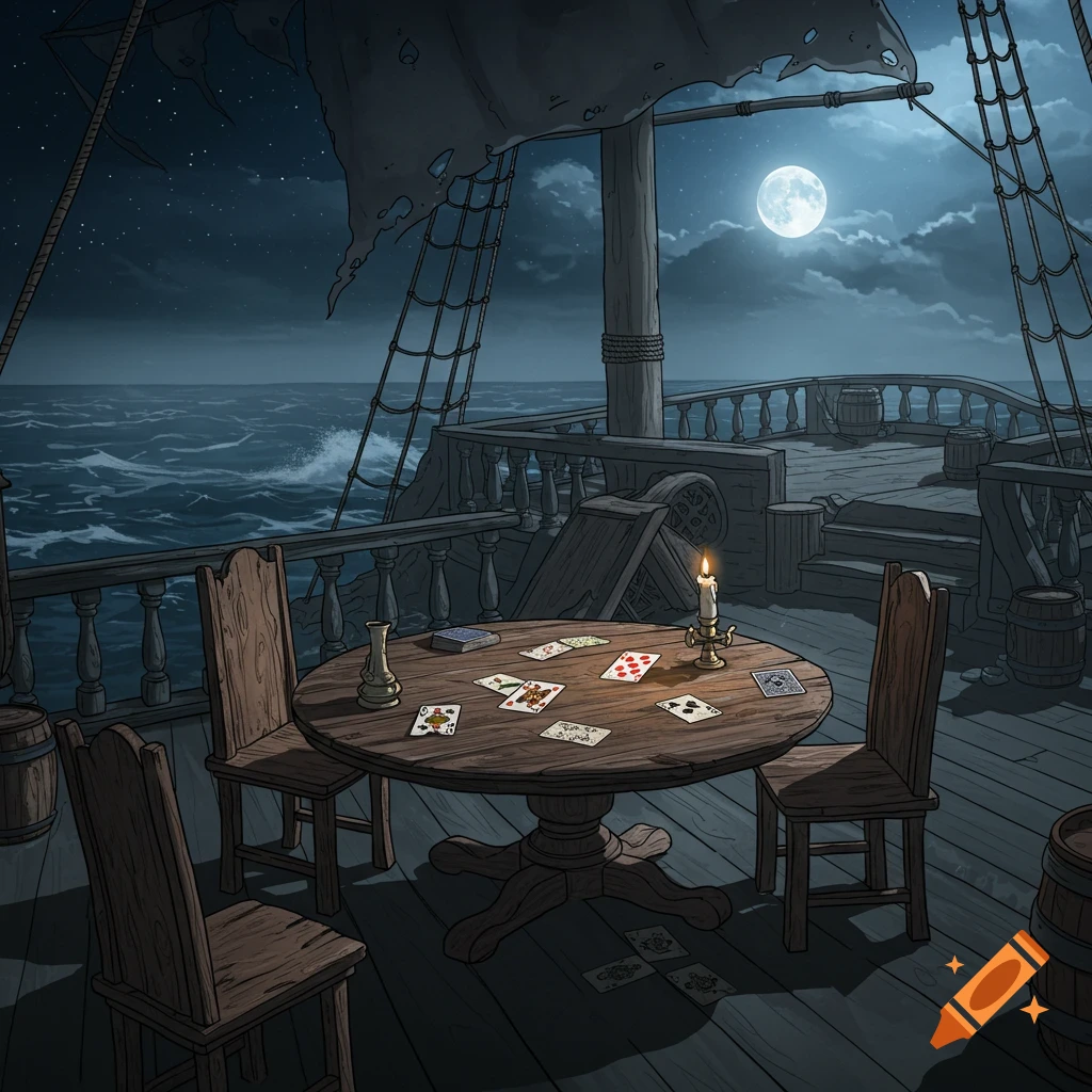 An empty pirate ship deck at night, with a full moon illuminating the scene. A candle-lit table with playing cards and chairs sits in the foreground. The style is illustrative.