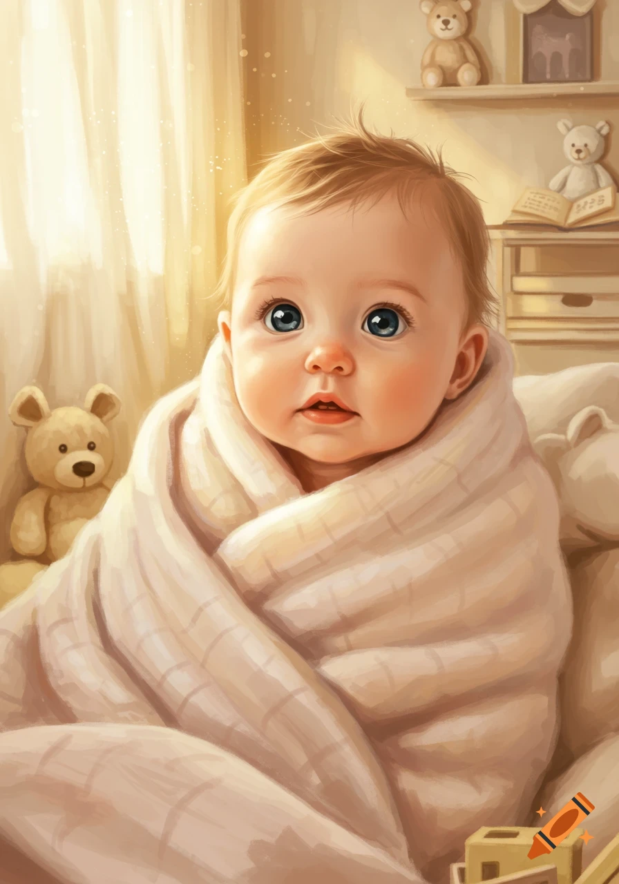 Cute illustrated baby with blue eyes wrapped in a blanket, surrounded by teddy bears in a soft nursery setting.