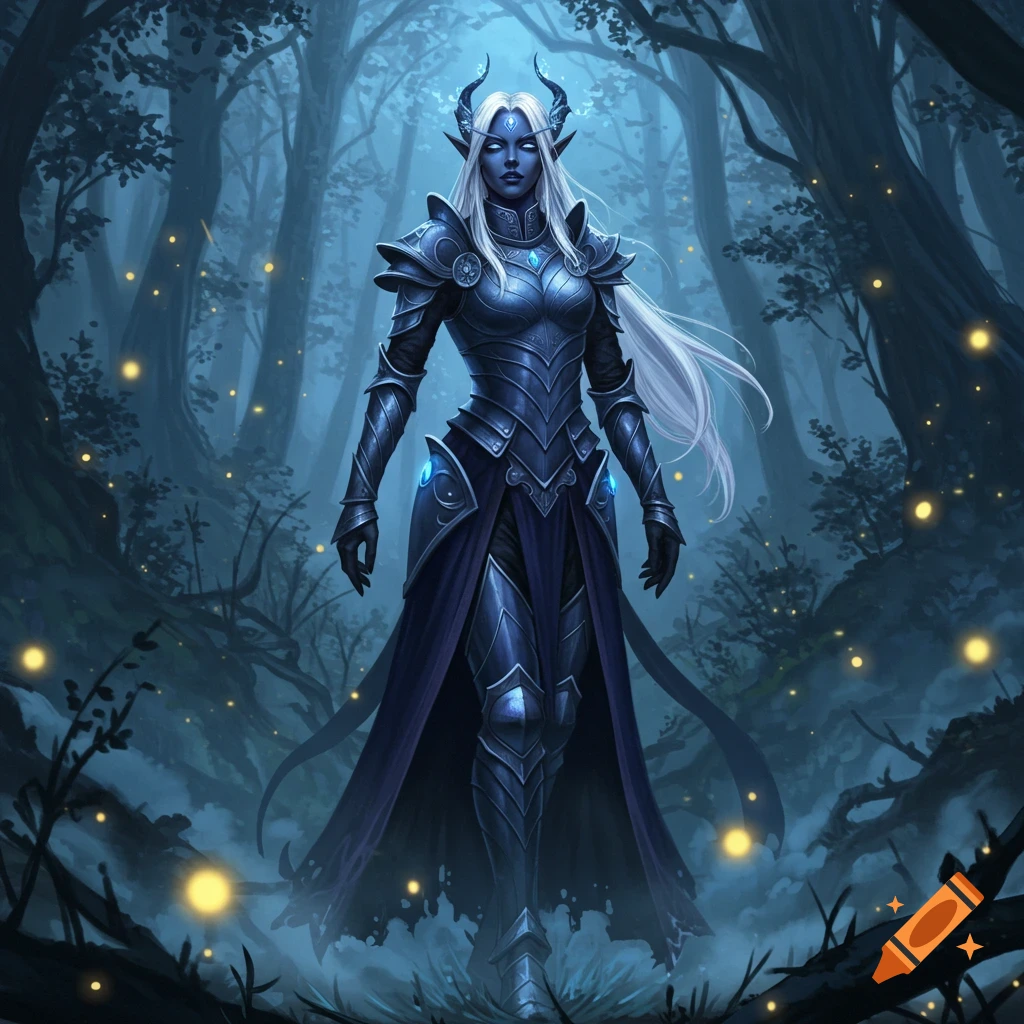 A dark elf woman in blue and silver armor stands in a misty forest with glowing fireflies.