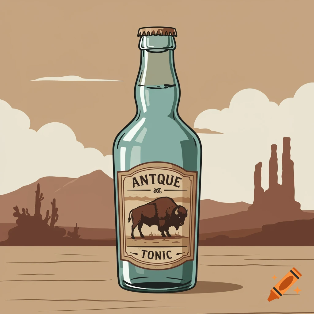 An illustration of an old-fashioned tonic bottle with a label featuring a bison and the word "ANTQUE TONIC", set against a desert landscape with mesas and cacti.