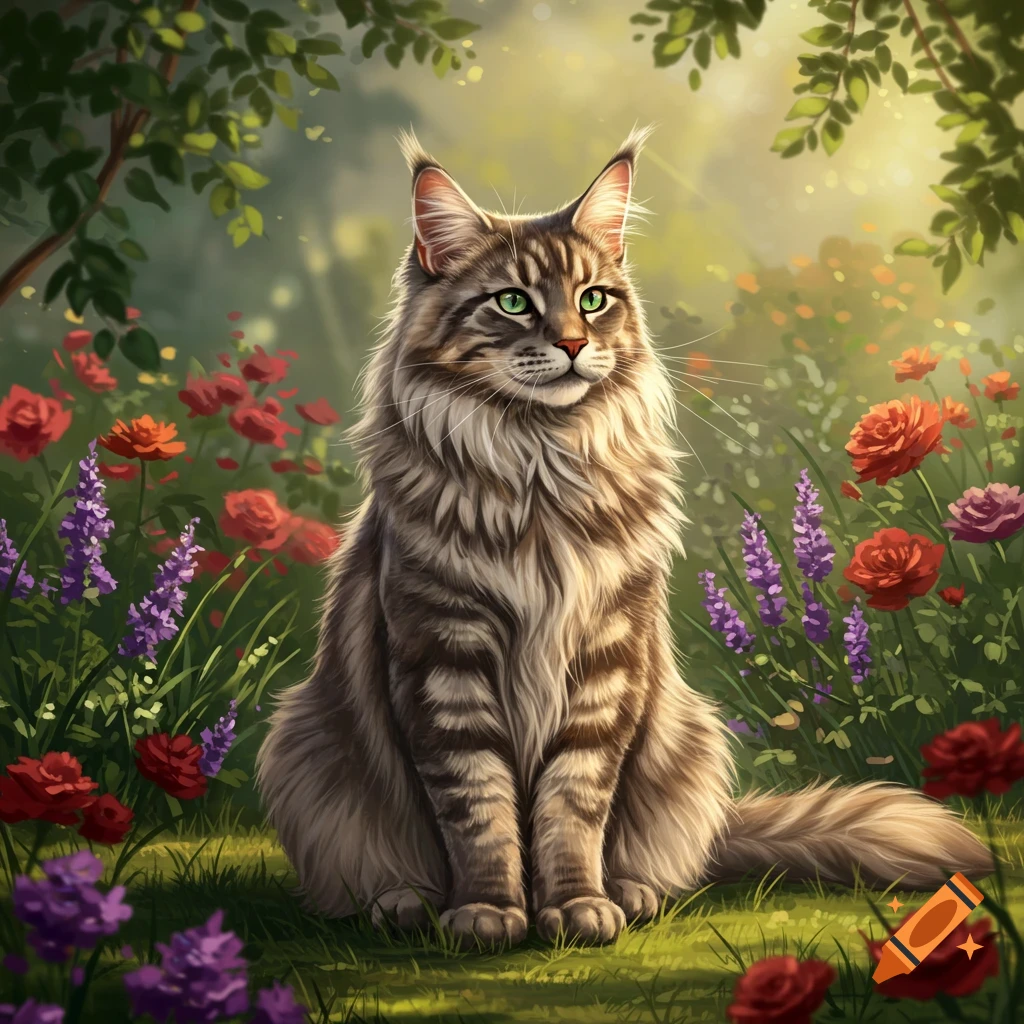 A painting of a fluffy Maine Coon cat with green eyes sitting among red and purple flowers in a sunny garden.