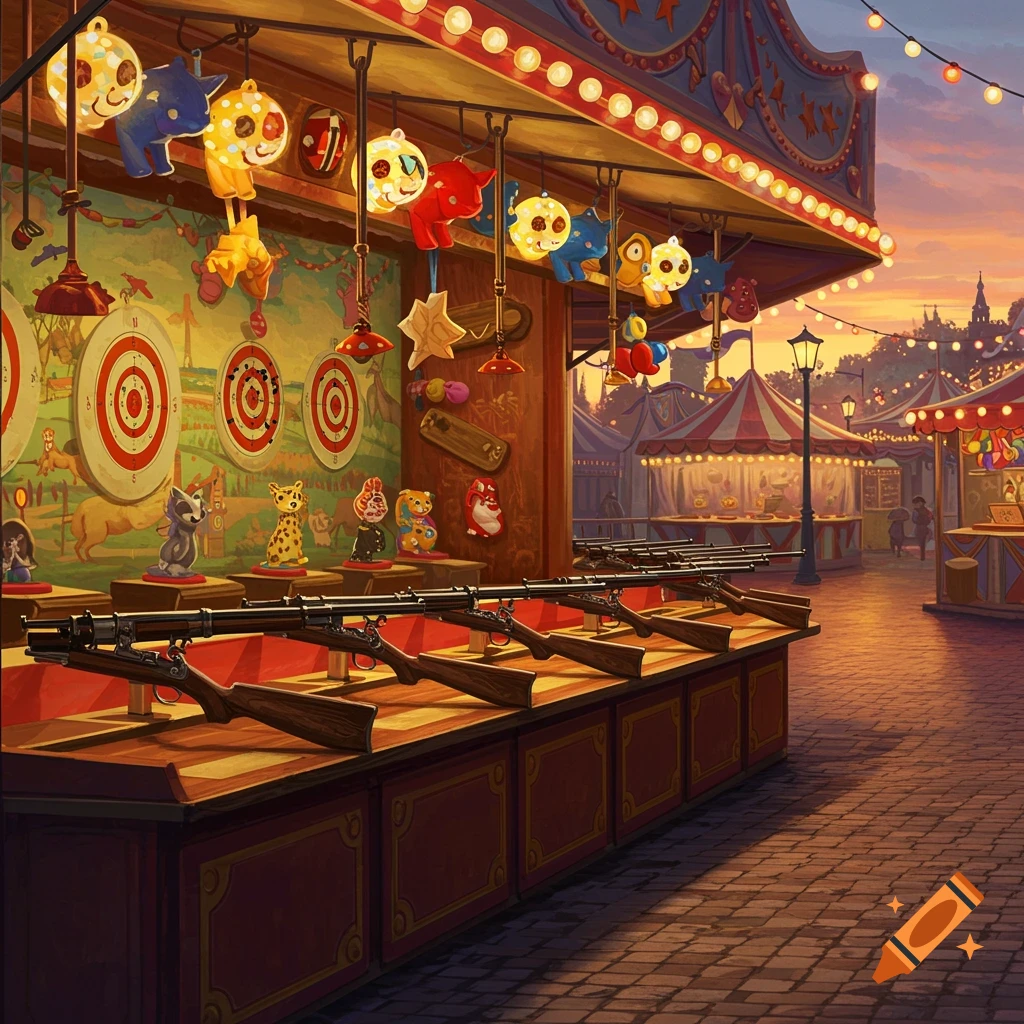 A vibrant carnival shooting gallery at dusk, with rifles on a counter, targets, and colorful hanging prizes under string lights.