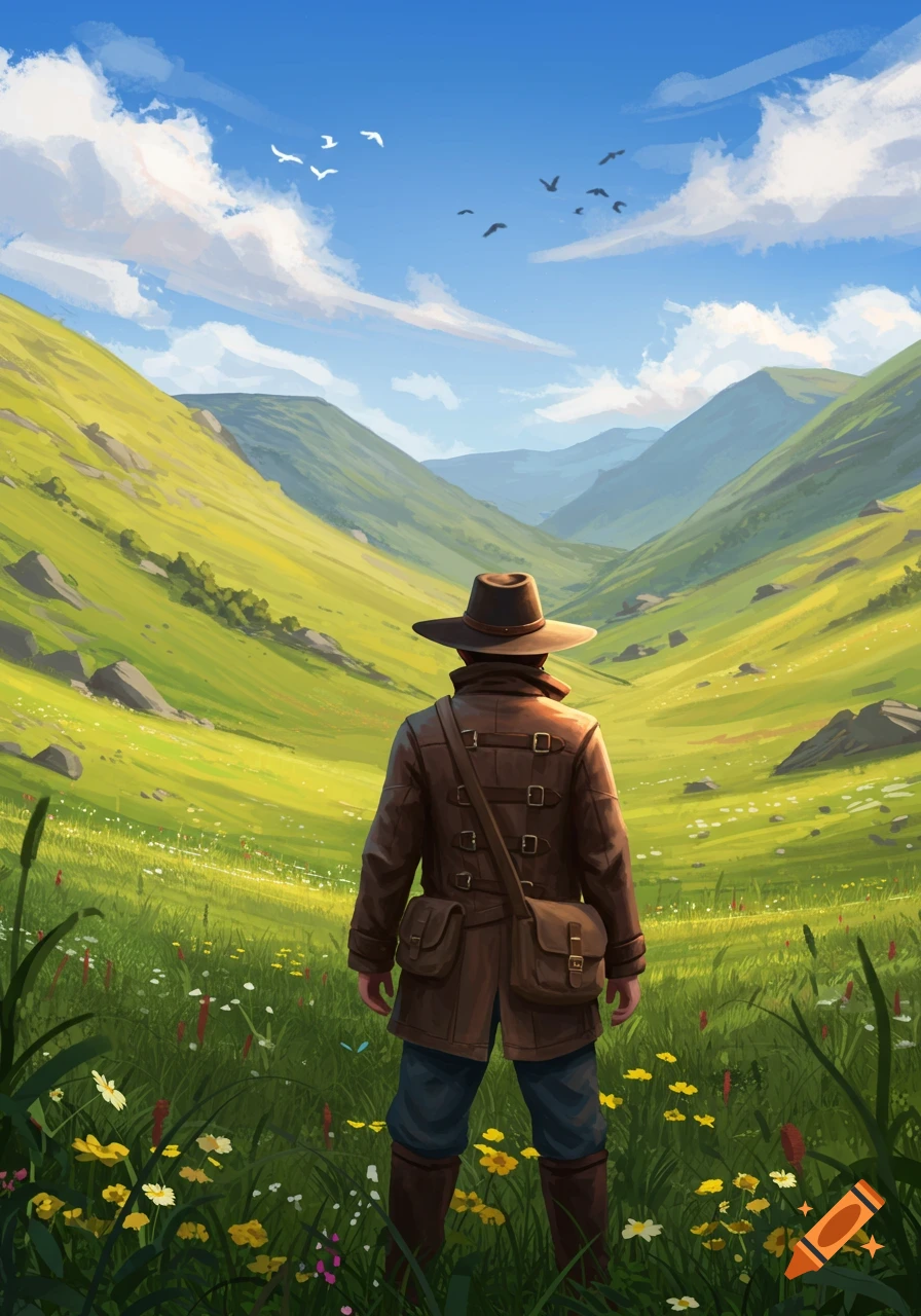 A person in a hat and coat looks out over a vast green valley with mountains and a blue sky, digital painting.