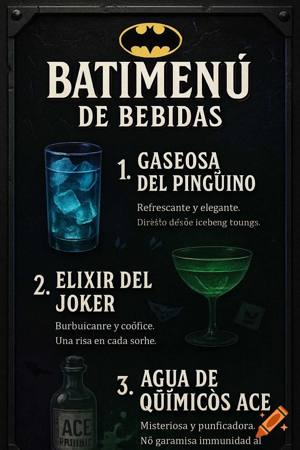 A dark, vertical poster-style menu for Batman-themed drinks. It features a Batman logo, titles like 'Batimenú de Bebidas', and three drink sections with illustrations of a blue iced drink, a green cocktail, and a small bottle, all against a dark textured background with subtle decorative elements.